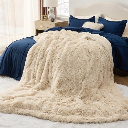 Bedsure Faux Fur Fluffy Sherpa Fleece King Bed Blanket Beige 108"x90"