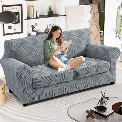 JIVINER 3 Pieces Couch Cover for 2 Extra Large Cushion Couch, Stretch