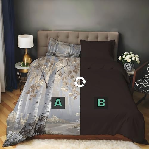 Light Gray Duvet Cover King Size Set - Soft Bedding with Birch Forest