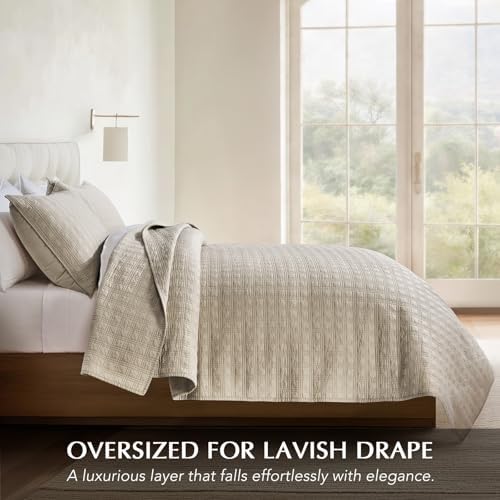 EVERGRACEHOME Cotton Sateen Windowpane Quilt Set King Size, Light