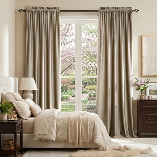 PRIMROSE Taupe Velvet Blackout Curtains 90 Inches Long,Luxury Living