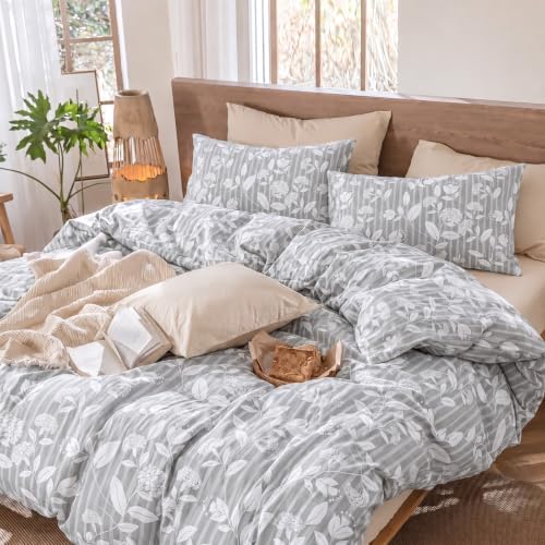 Gray Floral Duvet Cover Set King Size, Light Gray Leaf Floral Stripe