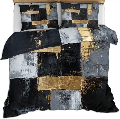 Graffiti Duvet Cover Set Black Gray and Gold Bedding Set 3 Piece for