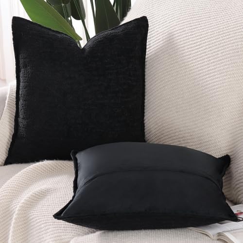MADIZZ Pack of 2 Chenille Velvet Throw Pillow Covers 18x18 Inch Black