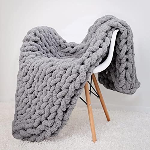 Chunky Knit Blanket Grey Chenille Yarn Tight Chunky Knit Throw Blanket
