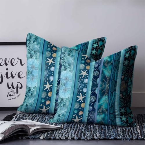 Teal Blue Starfish Coastal Pillow Covers 20x20 Set of 2, Nautical