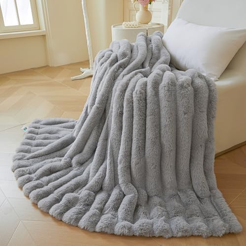 MEGO Fluffy Faux Rabbit Fur Ribbed Throw Blanket 60"x80", Gray