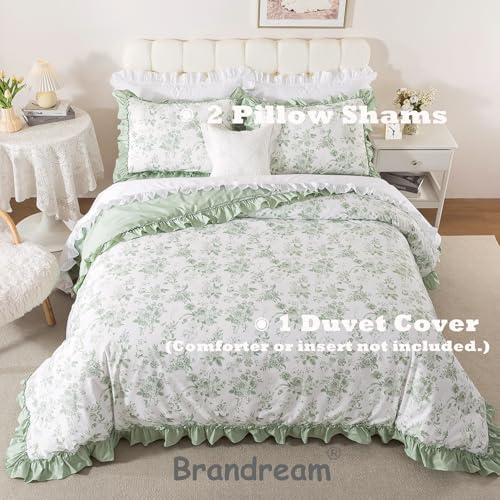 Brandream King Duvet Cover Set, 100% Cotton Sage Green Floral Bedding