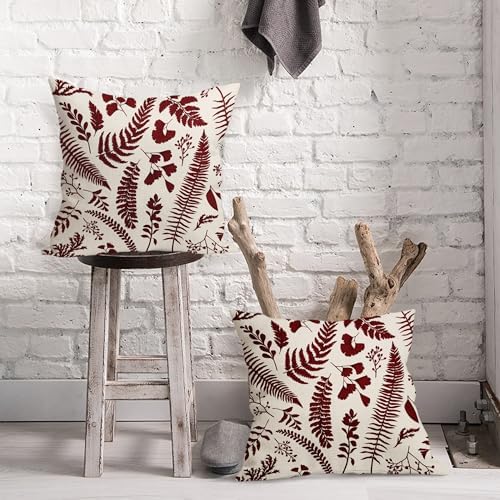 Burgundy Leaf Plant Pillow Covers 18X18 Inch Set of 2 Tropical Fern