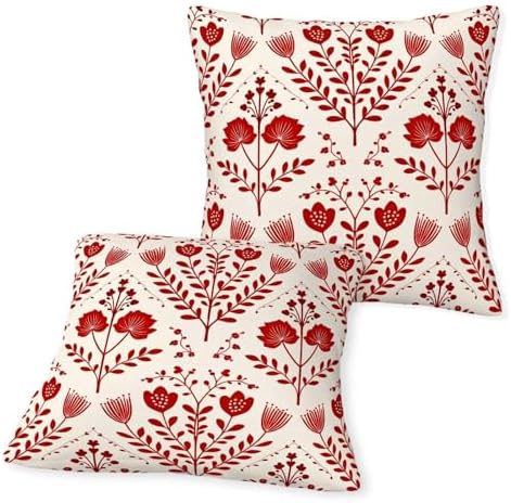 Nordic Folk Floral Throw Pillow Covers 18x18 Set of 2 | Red