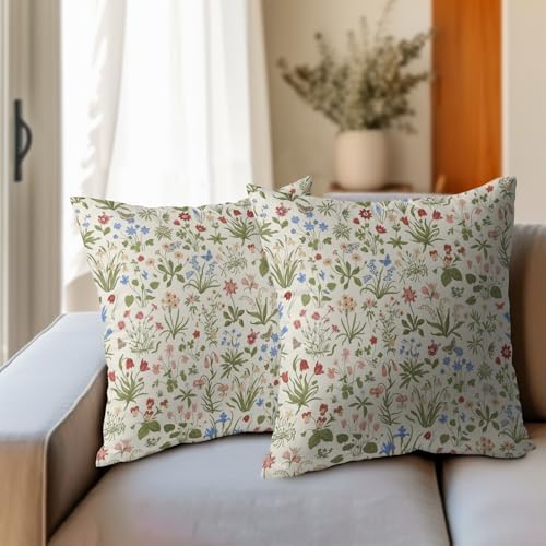 Vitage Floral Pillow Covers 18x18 Set of 2 Spring Green Red Cream