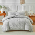 Grey Full Duvet Cover Set, Boho Tufted Palm Leaf Bedding, Soft