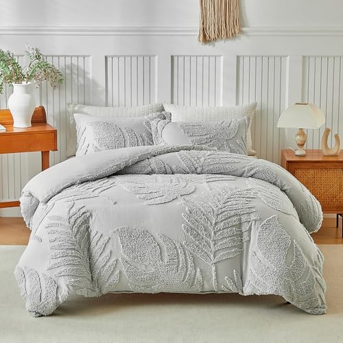 Grey Full Duvet Cover Set, Boho Tufted Palm Leaf Bedding, Soft