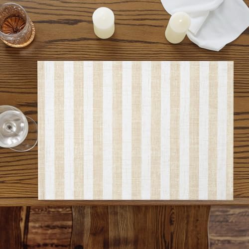 Beige Striped Placemats Set of 4, Cotton Linen Fabric Place Mats