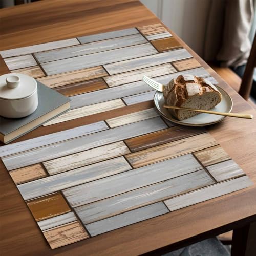 Country Vintage Wood Plank Placemats Set of 4 Washable Table Mats for
