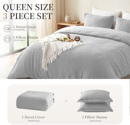 100% Cotton Queen Duvet Cover Set with 2 Pillow Shams, Light Grey