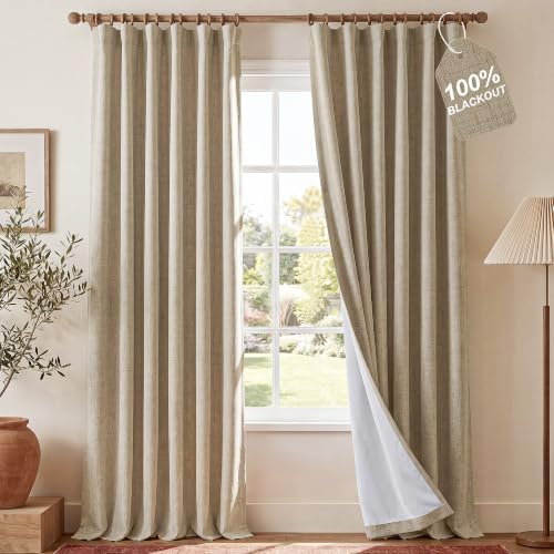 NICETOWN Farmhouse Linen Textured 100% Blackout Beige Curtains, Rustic