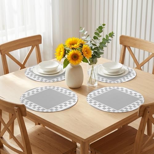 Minimalist Checkered Faux Leather Placemats Set of 6, 15in, Waterproof