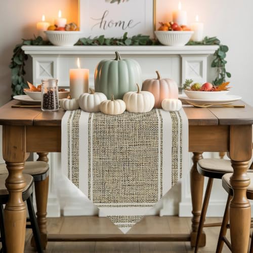 Beige Rustic Table Runner 108 Inches Long, Farmhouse Neutral Striped