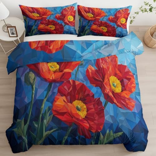 Queen Duvet Cover Set Cubism Geometry Floral Bedding with Reversible