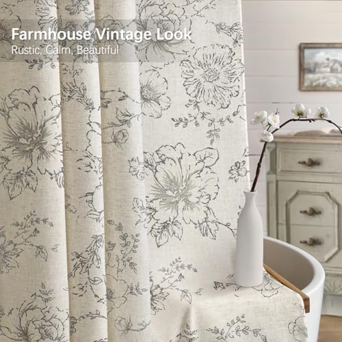 Farmhouse Floral Vintage Shower Curtain for Bathroom, Grey and Tan