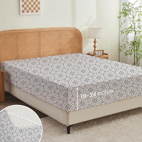 King Fitted Sheet Only,Deep Pocket Fit up to 18",Gray Vintage Floral