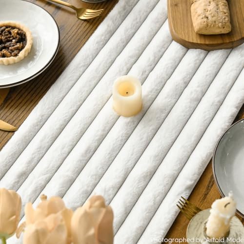 Artoid Mode Ivory Soft Plush Faux Fur Jacquard Table Runner, Holiday