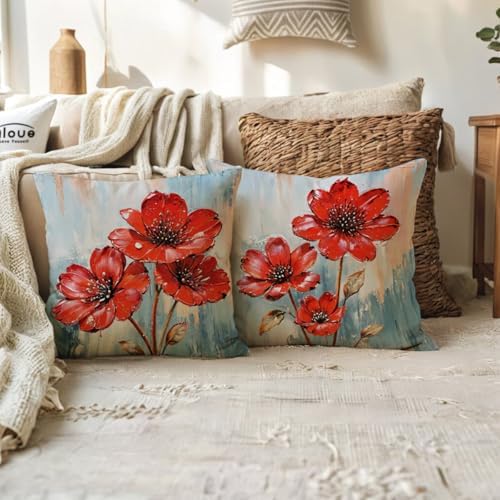 ULOVE LOVE YOURSELF 2Pack Flowers Decorative Pillow Covers Modern Red