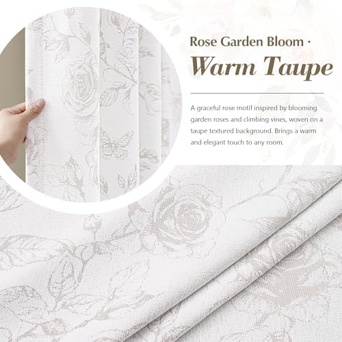 FMFUNCTEX Taupe Floral Jacquard Curtains for Bedroom, Rose Flower