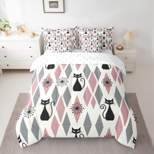 Manfei Black Cat Full Size Comforter Set,Geometric Rhombus Square