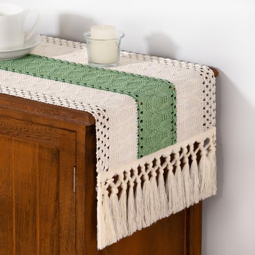 DeZerlor Ivory&Sage Green Boho Macrame Farmhouse Woven Table Runner