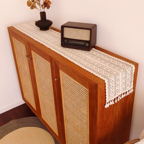 Gemseek 90 Inch Boho Crochet Table Runner, Beige Cotton Lace Table