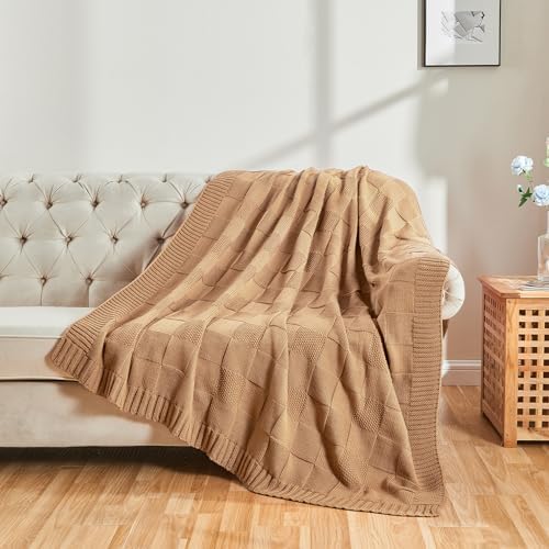 CozeCube Beige Knitted Checkered Throw Blanket 60"X80"