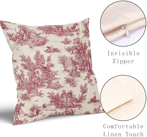 Red Toile Pillow Covers 18x18 Inch Set of 2 Burgundy and Beige French