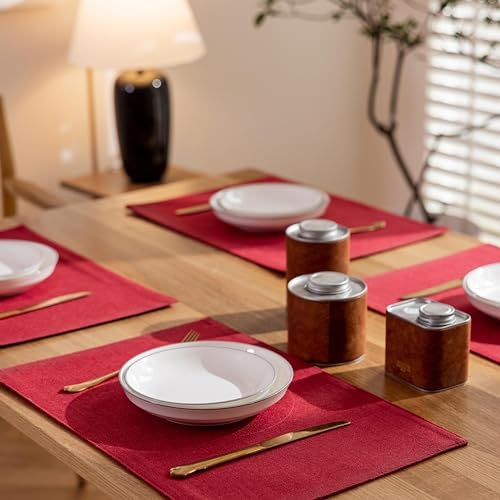 Demetex Red Placemats Set of 8 Fade Resistant Linen Placemats Modern