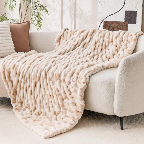 Double Sided Ruched Faux Rabbit Fur Throw Blanket,60x80 CaramelCream