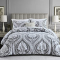 CozyDH Gray Duvet Cover Set Queen Size, Damask White Floral, 100%