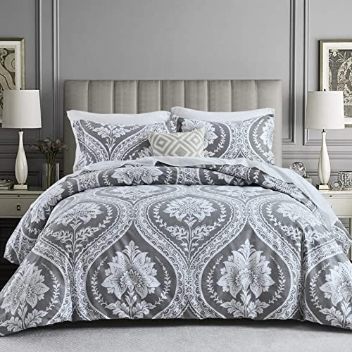 CozyDH Gray Duvet Cover Set Queen Size, Damask White Floral, 100%