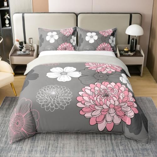 Feelyou Pink Gray Floral Boho Duvet Cover 100% Cotton Queen Size