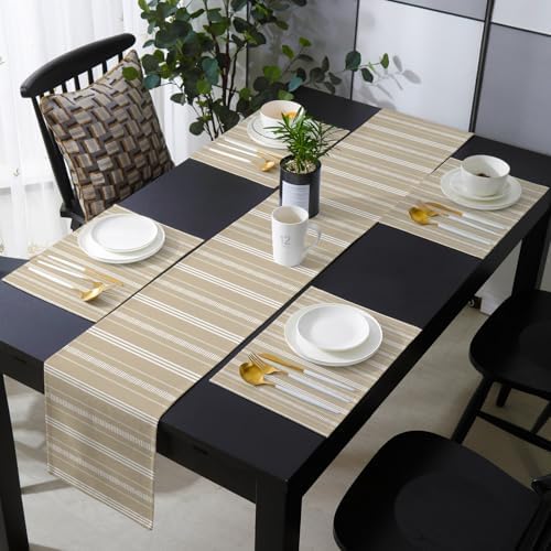 Classic Beige Lines Table Runner and Placemats Set of 6 Modern