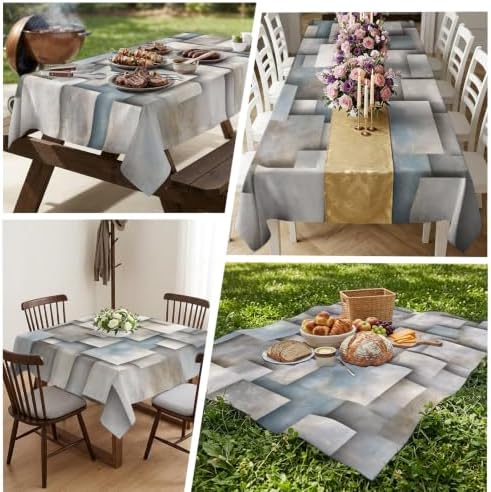 Abstract Block Tablecloths 60" x 84”, Minimalist Beige Gray Raised