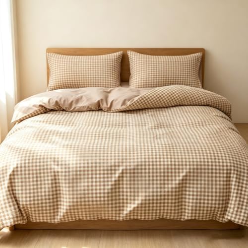 Khaki Gingham Duvet Cover Set Soft Bedding Cover 3 Pieces Bedroom