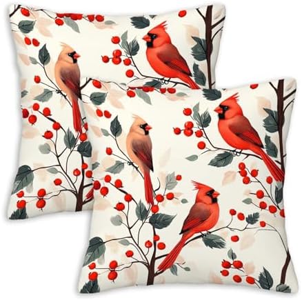 Red Cardinal Throw Pillow Covers 18x18 Set of 2 | Bird Berry Branch