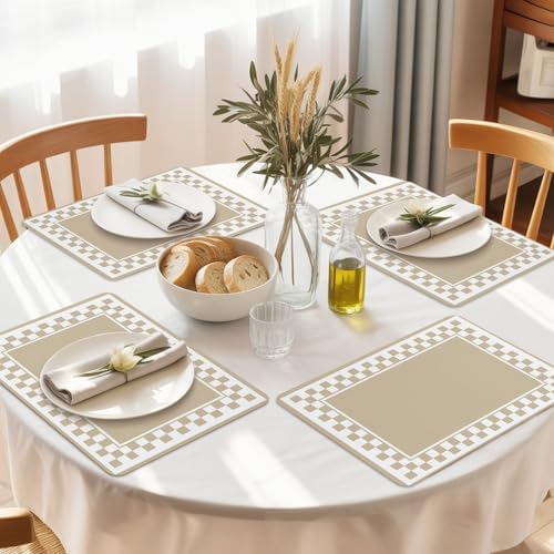 Taupe Checker Frame Leather Placemats Set of 6,12x18 Inch,Vintage