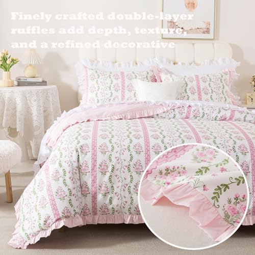 Brandream 100% Cotton Duvet Cover Set Queen, Pink Floral Rose