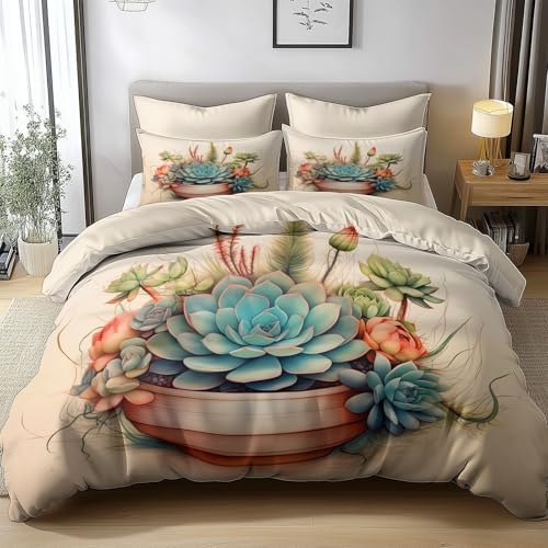 California King Duvet Cover Set Plants Succulents Cactus Bedding with