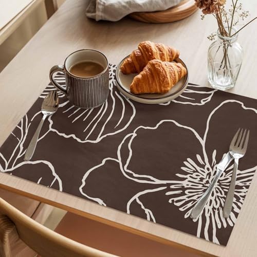 Placemats Set of 8, Brown Flowers Woven Placemat, Linen Place Mats for
