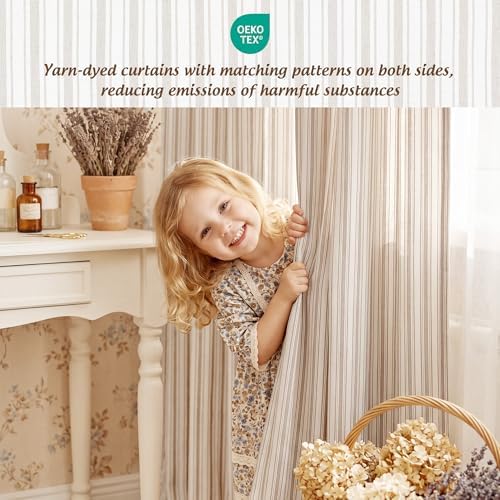 StangH Tan Linen Blend Stripe Curtains for Bedroom, W52 x L63, 2