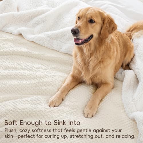 PHF Waffle Sherpa Blanket King Warm for Winter, 104"x90", Cream