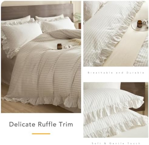 QSH White Dark Grey Wide Stripes Ruffled Duvet Cover Set King
